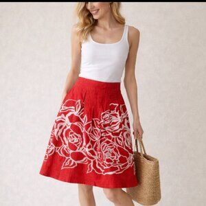 Vintage skirt Brick red floral motif size M linen pleated retro boho vacation